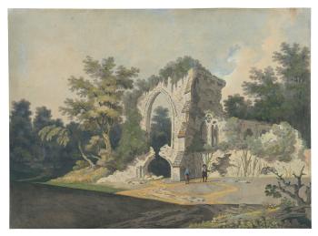 Elegant figures exploring a ruined abbey by 
																	John Claude Nattes