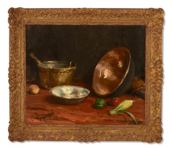 Still Life Pans and Vegetables by 
																			William Merritt Chase