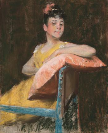 A Girl in Yellow (The Yellow Gown) by 
																			William Merritt Chase