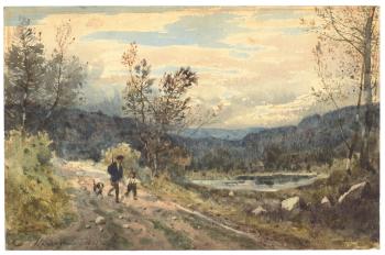 Landscape with hunter, a boy and a dog by 
																	Henri Harpignies
