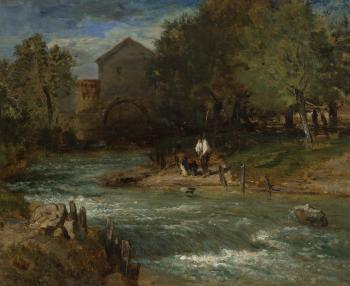 Mill Stream with Fishermen by 
																	Constant Troyon