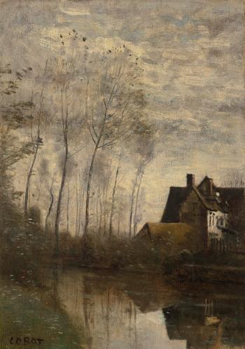 Un coin de rivière avec maison et peupliers by 
																	Jean Baptiste Camille Corot