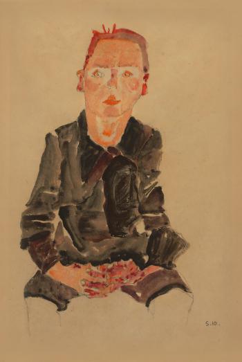 Sitzender Bub mit gefalteten Händen (recto); Bildnisstudie Dr. Oskar Reichel mit erhobener linker Hand (verso) by 
																	Egon Schiele