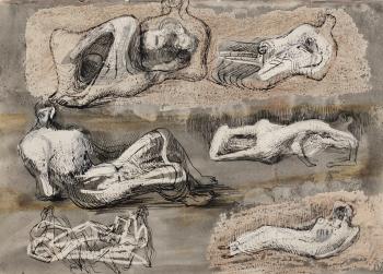 Reclining Figures: Ideas for Sculptures (recto); Reclining Figures and Seated Figure (verso) by 
																	Henry Moore
