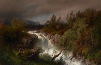 Waterfall in Telemarken Norway by 
																	Hermann Herzog