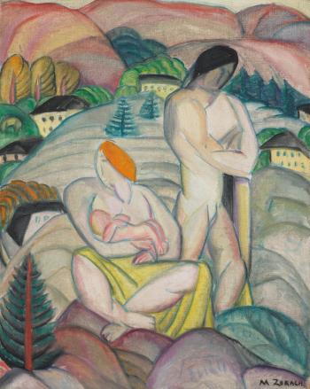 The Zorach Family in a Landscape and Floral Still Life: A Double-Sided Painting by 
																	Marguerite Zorach
