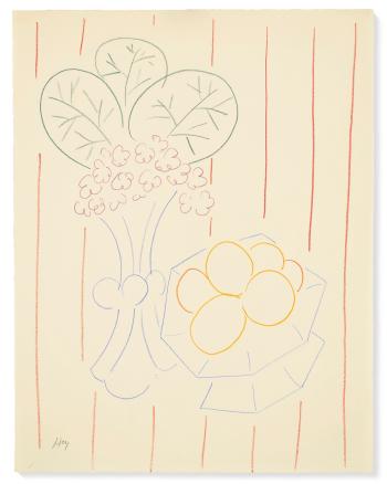 Fleurs et fruits, fond rayé by 
																	Henri Matisse