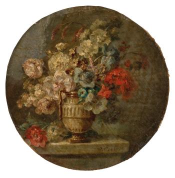 Bouquet de roses, pavots et oeillets dans un vase sur un entablement by 
																	Anne Vallayer-Coster