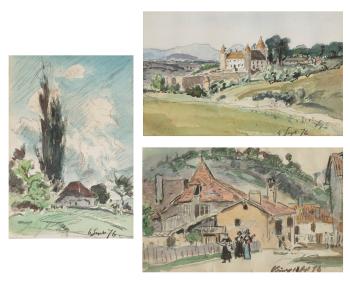 Trois paysages (recto-verso): le Château de Virieux, Blondin et le village de Virieux en Isère by 
																	Johan Barthold Jongkind