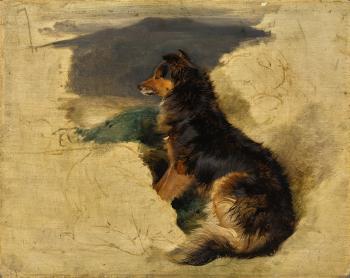Study Of A Scotch Collie (recto); Study of William Russell with a falcon and a hound (verso) by 
																			Edwin Henry Landseer