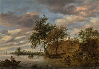 River Landscape With Figures In Rowing Boats, And Fishermen Hauling A Net In The Foreground by 
																	Salomon van Ruysdael