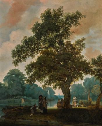 An Elegant Company By A Lake, With Utrecht Cathedral In The Distance by 
																	Jacob Esselens