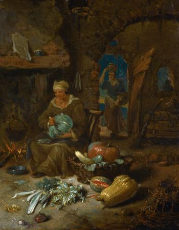 Barn Interior With An Old Woman And Still Life Of Vegetables by 
																	Willem Kalf