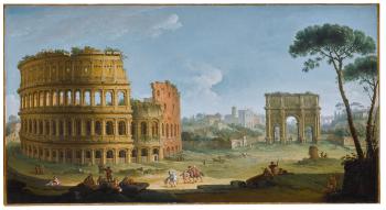 Rome, A View Of The Colosseum And The Arch Of Constantine by 
																	Antonio Joli