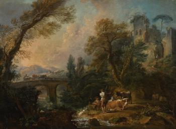 A Pastoral Landscape With Herders And Their Animals Resting Beside A River, A Bridge Beyond by 
																	Jacques Nicolas Julliard