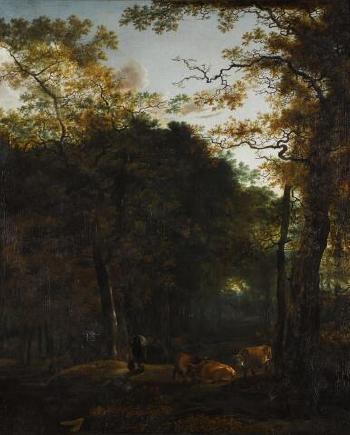 A landscape with cattle and figures in a woodland clearing by 
																	Adam Pynacker