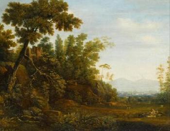 AÂ landscape with a farmer and his herd and ruins on a hill,Â with a distant view of Naples and Mount Vesuvius beyond by 
																	Simon Mathurin Lantara