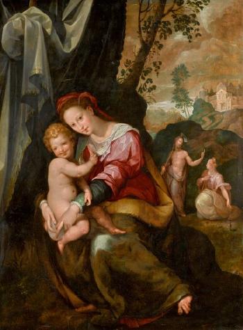 Madonna and Child,Â with Noli Me Tangere beyond by 
																	Girolamo Macchietti