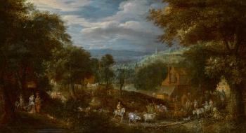 A wooded landscape with elegant figuresÂ promenading, and villagersÂ with their cattle by 
																	David Vinckeboons