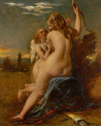 Venus relieving Cupid of his bow (or 'Venus disarming Cupid') by 
																	William Etty