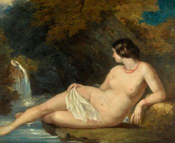Reclining female nude by a waterfall by 
																	William Etty