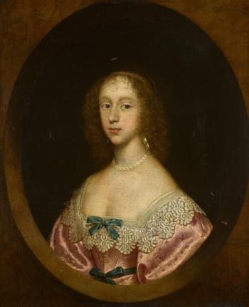Portrait of a lady, half-length, wearing a pink dress with green bows and a lace collar by 
																	Cornelius Janssen van Ceulen