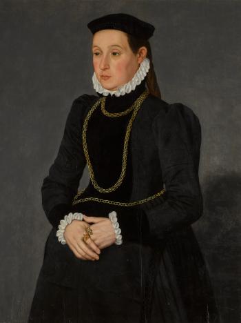 Portrait of a lady, possibly Margaretha Mertha, wife of Hendrik Pilgram, three-quarter length, wearing black with gold chains by 
																	Nicolas Neufchatel