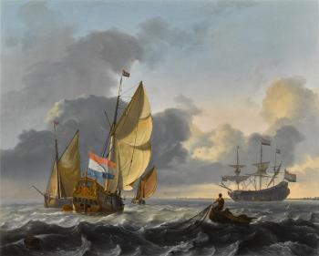 A view of the Texel, with two fishermen hauling in their nets, a yacht of the admiralty of Amsterdam and a man-o'-war beyond by 
																	Ludolf Backhuysen