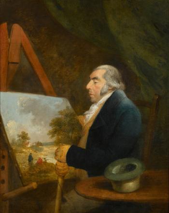 Portrait of a gentleman patron, three-quarter length, seated before a landscape painting by 
																	George Morland