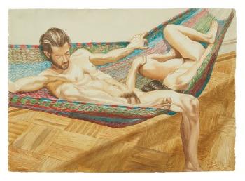 Male And Female Models On A Striped Hammock by 
																	Philip Pearlstein