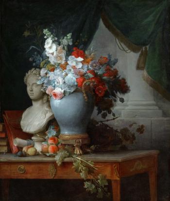 Still life of flowers in a vase on a table beside a bust of Flora, with fruit and other objects with a curtain beyond by 
																	Anne Vallayer-Coster