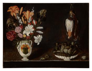 Still life with heraldic vase of flowers next to a shallow bowl of fruit and dead bird by 
																	Giovanni Quinsa