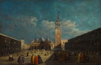 Piazza San Marco and the Campanile with townspeople by 
																	Francesco Guardi