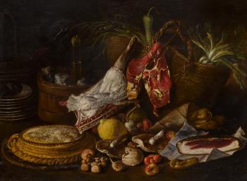 Still life of various meats, mushrooms, and other fruits and vegetables set on a table with a straw basket, a stack of plates, and other items by 
																	Tommaso Realfonso