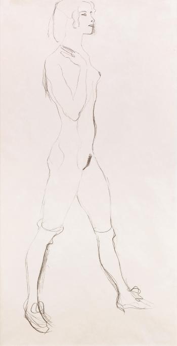 Mit Strümpfen, die rechte Hand an der Schulter by 
																	Gustav Klimt