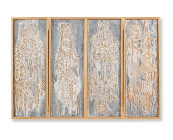 Four-fold screen with four Plastocast reliefs by 
																	Bruce Onobrakpeya