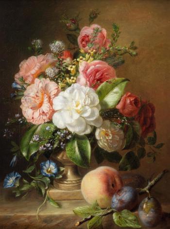 A still life of flowers, plums and a peach by 
																	Adriana Haanen
