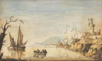 Coastal view of a harbour with boats by 
																	Francis Swaine