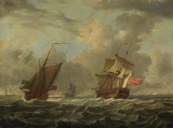 An English man-of-war and other shipping in choppy waters by 
																	Francis Swaine