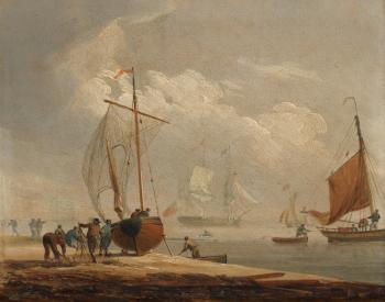 Fishermen mending nets beside a beached boat by 
																	Francis Swaine