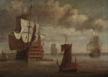 British war ships at anchor by 
																	Isaac Sailmaker