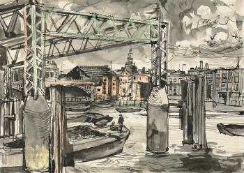 Blackfriars Railway Bridge and The City from Bankside by 
																	John Minton