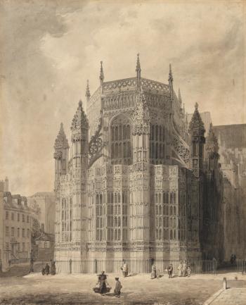 The exterior of the Henry VII Chapel, Westminster Abbey by 
																	Augustus Charles Pugin
