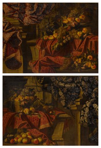 Still lifes of fruit set on a ledge draped with brocade by 
																	Carlo Manieri