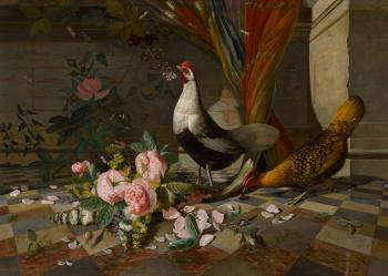 Still Life with Exotic Fowl, Roses and Butterflies by 
																	Adolphe Jacobes Gabriel Magand