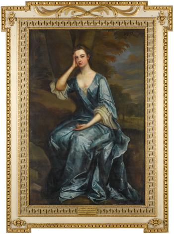 Portrait of a lady, said to be Catherine, Lady Paisley, wife of James Hamilton, Lord Paisley, full-length, wearing a blue dress and seated in a landscape by 
																	Charles Jervas