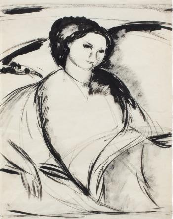 Femme assise sur un lit de trois quarts vers la droite, accoudée sur le bras droit by 
																	Amedeo Modigliani