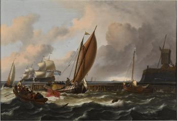 A seascape with smalschips on choppy seas, said to be Tsar Peter the Greats boeier off Amsterdam by 
																	Ludolf Backhuysen