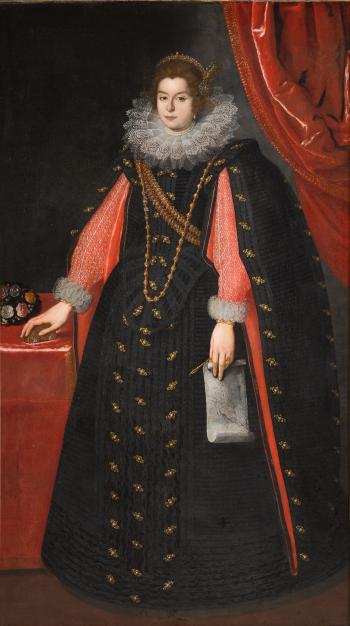 Portrait of a lady, probably Maria Maddalena of Austria (15891631), fulllength, wearing a black dress with an ornate lace collar and holding a drawing of Mary Magdalene by 
																	Justus Sustermans