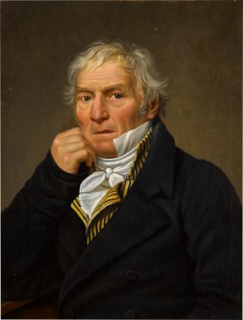 Portrait of a man, identified as Lorenzo Carlo Cantoni, bustlength, wearing a yellow and black striped waistcoat and a dark coat by 
																	Jacques-Louis David